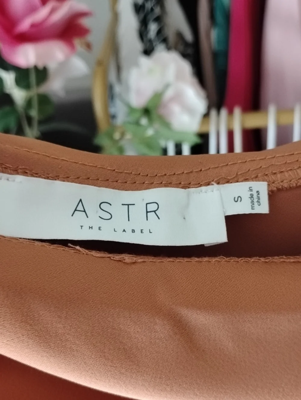 Astr Off-Shoulder Satin Blouse in Rust Copper